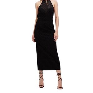 Bardot black midi dress in chameleon lace floral pattern.